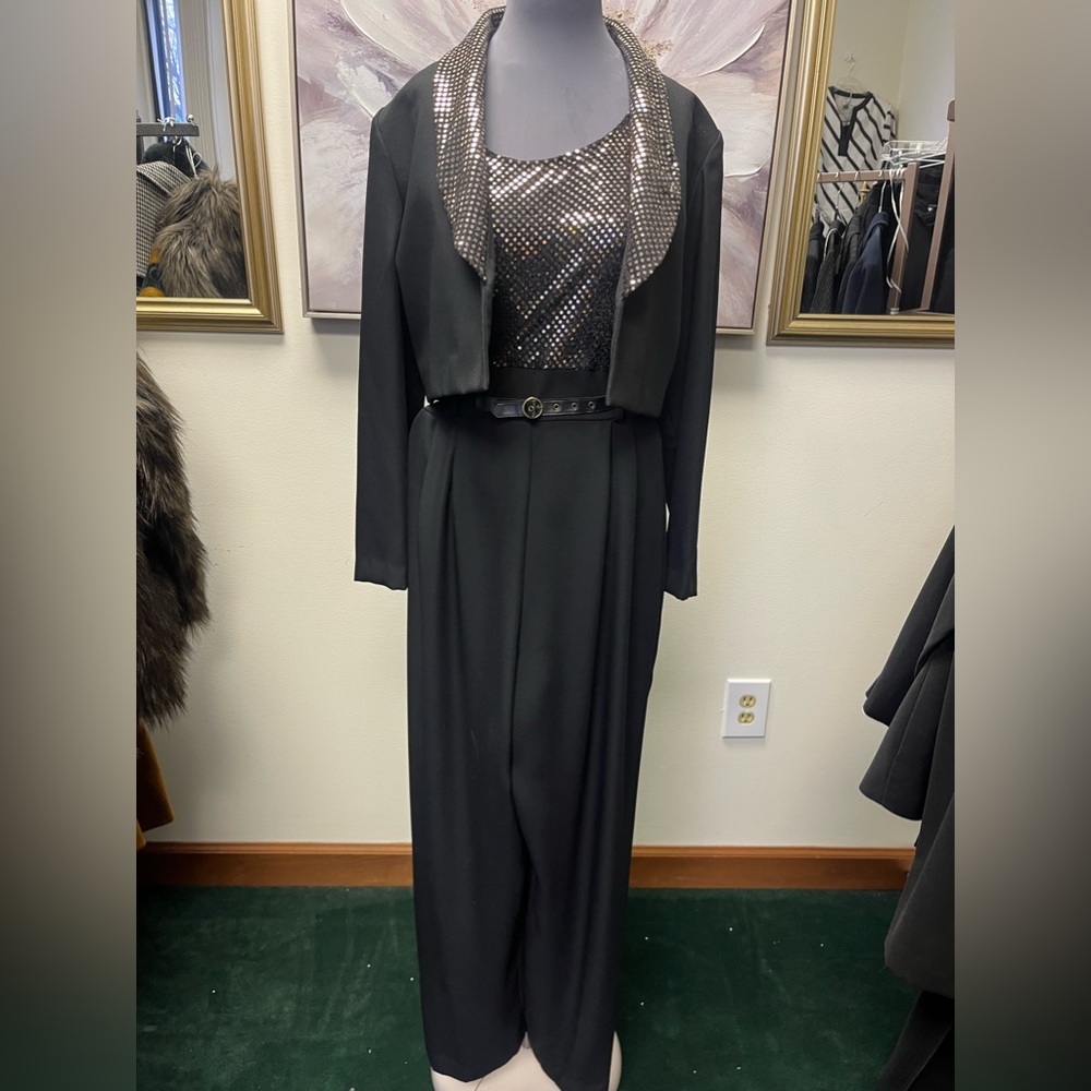 Vintage 90s Gold Lurex Black Sleeveless Flowy Leg Jumpsuit SZ-8